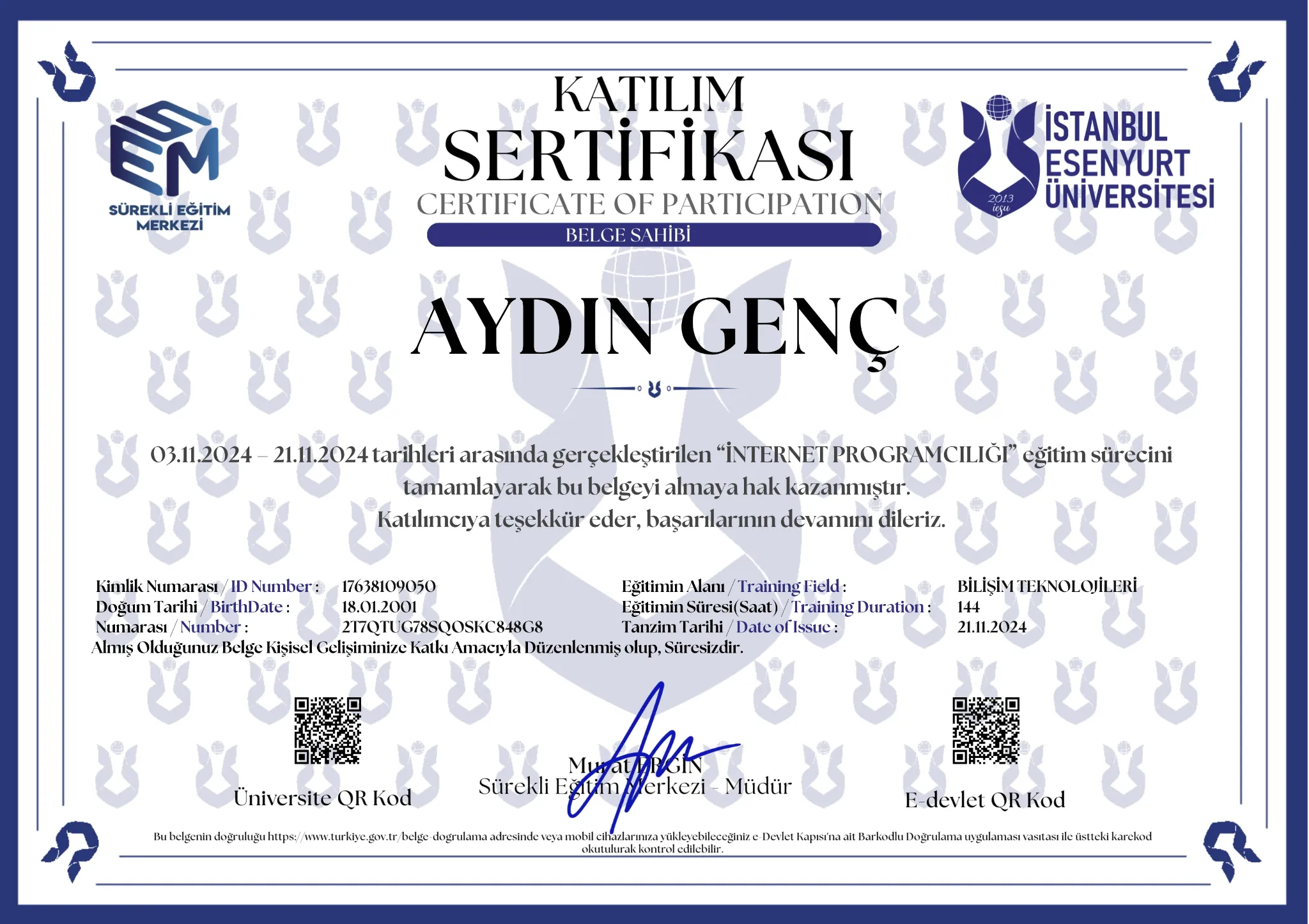 İnternet Programcılığı belgesi